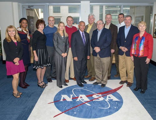 November 2015: ASAP Annual Report Writing Meeting at NASA HQ
From left to right, Marian Norris (NASA ASAP Administrative Officer), Carol Hamilton (NASA ASAP Interim Executive Director), Dr. Patricia Sanders, Dr. James Bagian, Dr. Dava Newman (NASA Deputy Administrator), VADM Joseph Dyer (ASAP Chair), Charlie Bolden (NASA Administrator), Dr. George Nield, Dr. Don McErlean, Capt. Brent Jett, Jr., Capt. Robert Conway, John Frost, Paula Frankel (ASAP Technical Writer)