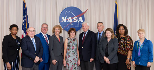 ASAP 2018 Fourth Quarterly Meeting held at Johnson Space Center. From left to right: Ms. Carol Hamilton (NASA ASAP Executive Director), Dr. Don McErlean, Mr. David West, Dr. Sandra Magnus, Dr. Patricia Sanders (ASAP Chair), Dr. George Neild, Captain Christopher Saindon, Lieutenant General Susan Helms, Ms. Evette Whatley (NASA ASAP Administrative Officer), and Ms. Paula Frankel (ASAP Technical Writer). )